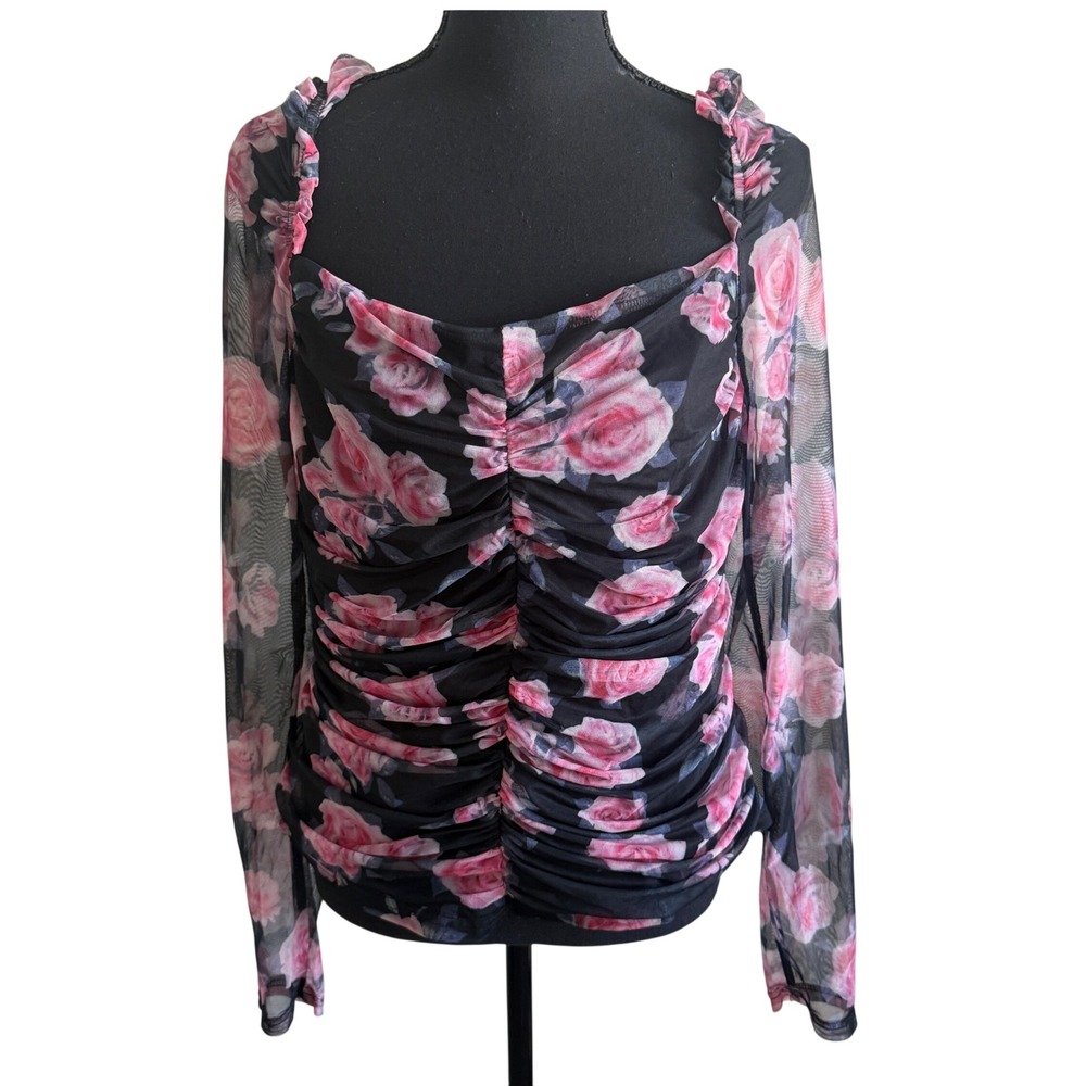 SHEIN Women Whimsigoth Dark Floral Ruched Mesh Top 1XL Coquette Fairy Grunge